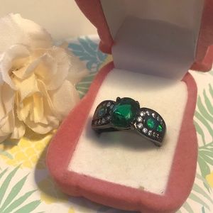 Emerald ring with green opals and sapphires on black gold sz7